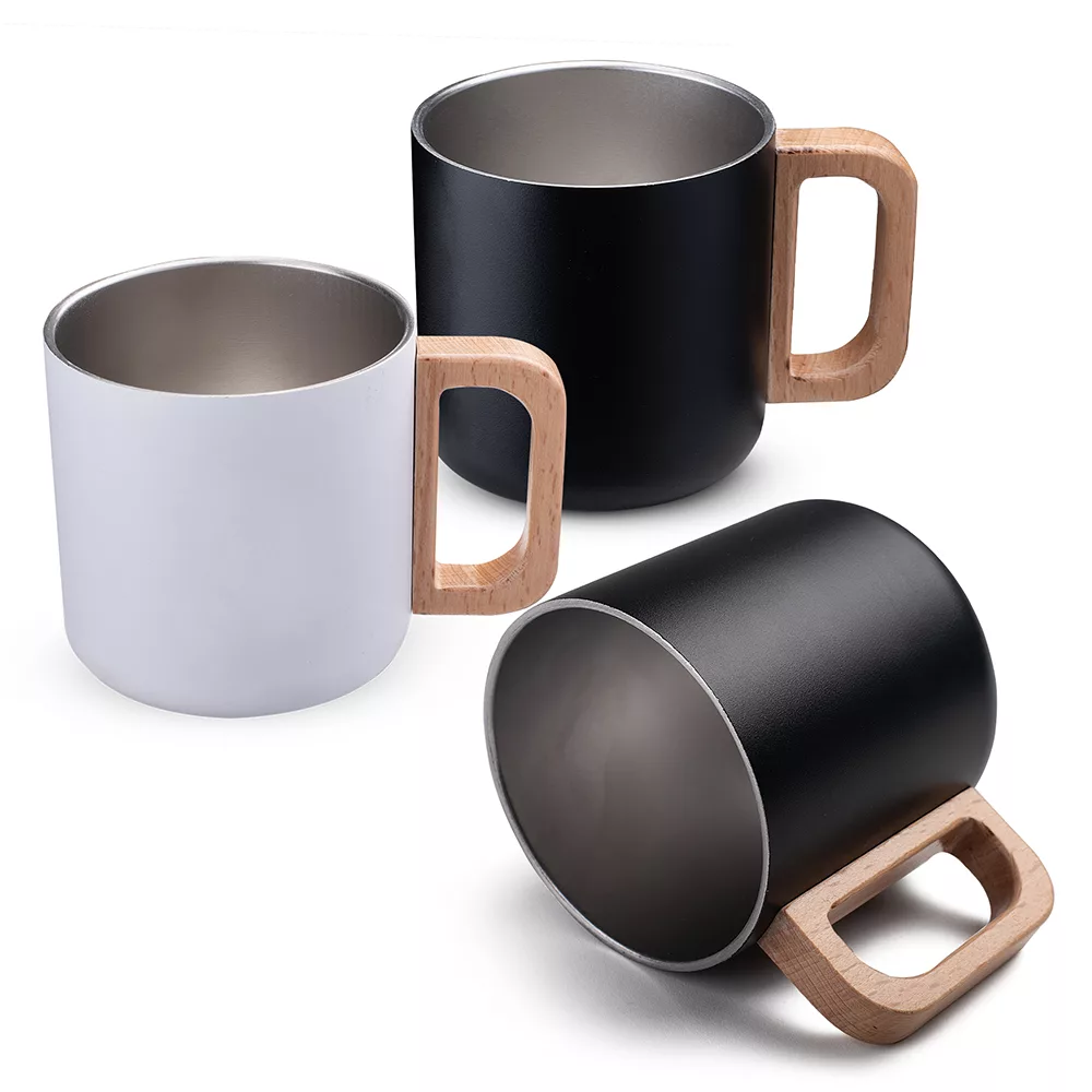 Caneca Térmica em Aço Inox com Alça em Madeira 400ml