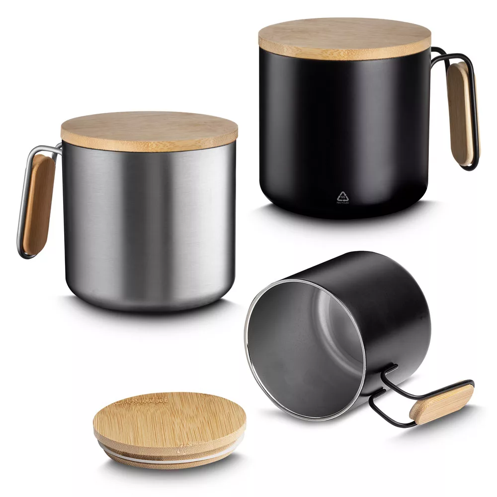 Caneca Térmica em Aço Inox com Tampa de Bambu