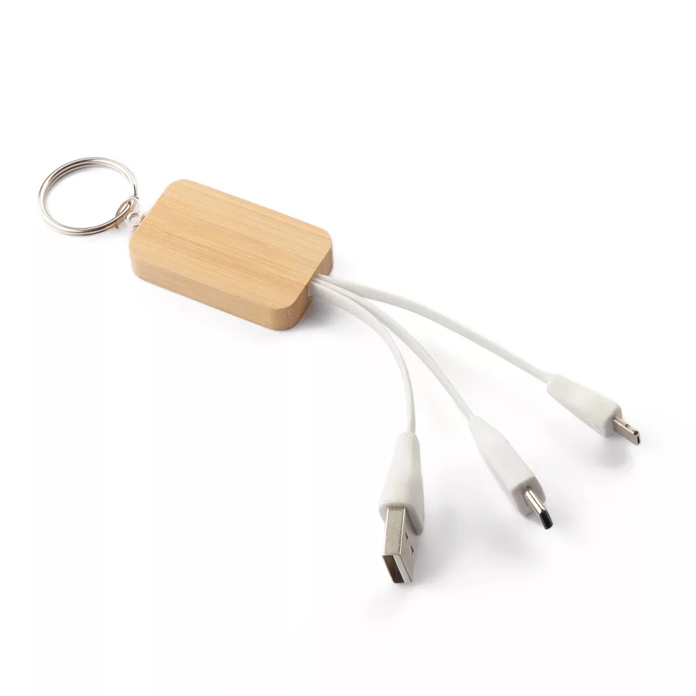 Chaveiro em Bambu com Cabo USB-A para iPhone e Tipo C