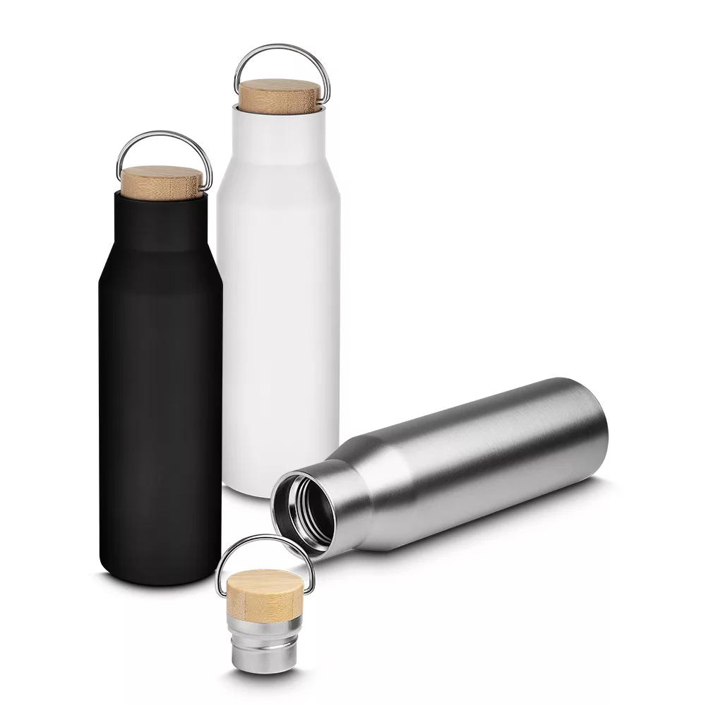 Garrafa Térmica em Aço Inoxidável 600ml com Tampa de Bambu