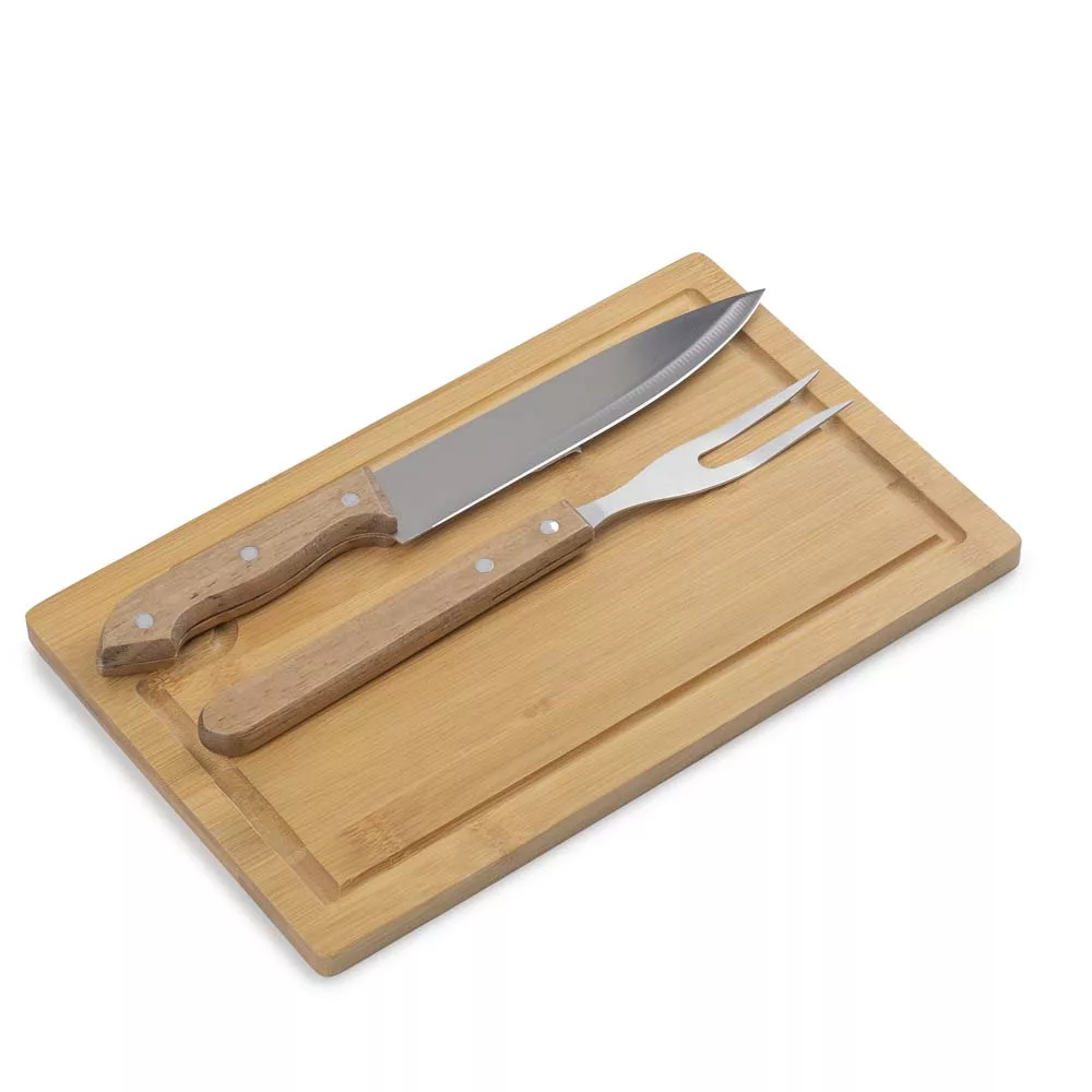Kit Churrasco com Faca e Garfo em Aço Inox e Tábua de Bambu