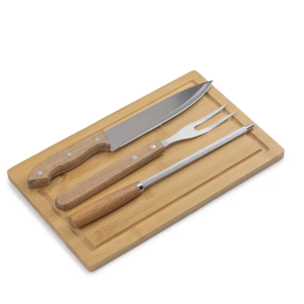 Kit Churrasco com Tábua de Bambu e Utensílios de Aço Inox