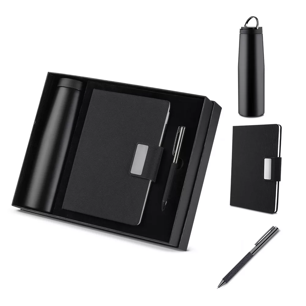 Kit Escritório com Caderno RPET, Garrafa Inox e Caneta