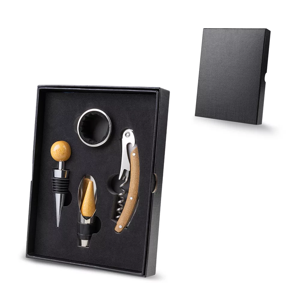 Kit de Vinho com Acessórios em Metal e Bambu